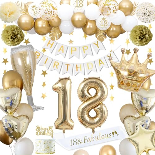Decorazioni Compleanno 18 anni, Decorazioni Compleanno 18 anni Oro per Uomo Donna Palloncini Biancho Oro Banner HAPPY BIRTHDAY Palloncini Numero 18 Palloncini Corona Stella Cuore