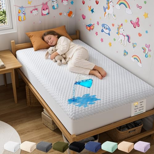 OhGeni 100% Waterproof Twin Size Mattress Protector,Mattress Soft Pad,Pet Hair & Bedwetting Resistant,Cooling Breathable Fitted Sheets,Washable Bed Cover,Non-Slip Deep Pocket,Noiseless for Kids Rooms