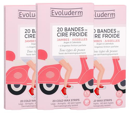 EVOLUDERM – 20 Bandes Dépilatoires de Cire Froide - Jambes & Aisselles - Ingrédients d'Origine Naturelle - Végan - Fabrication Française - Lot de 3 x 20 bandes