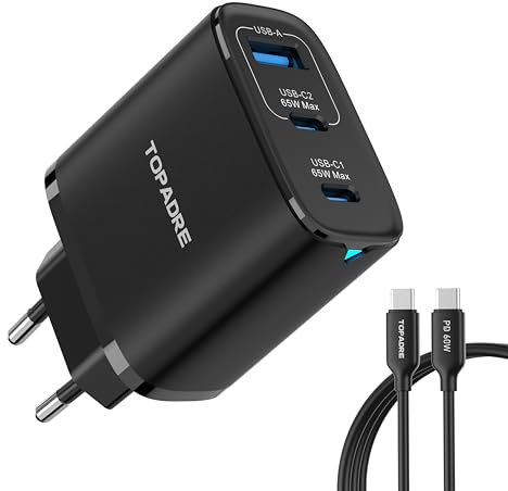 TOPADRE 65W USB C Charger, 3 Ports Fast Charger Plug with QC4.0/PPS/PD3.0, UK USB C Plug for MacBook Pro/Air, iPad Pro/Air, for iPhone 17 Air/16/15Pro Max, for Galaxy S24/S23, Laptop Charger, Black