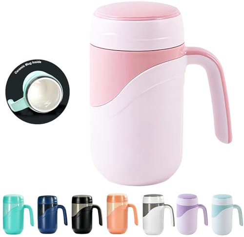 Taza de viaje cerámica de 12 oz, 350 ml, taza aislante cerámica con tapa anti-goteo y asa, perfecta para café o té, adecuada para uso en casa, oficina o escuela (Blanco Rosa)