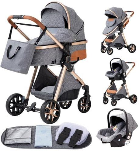 YAZOCO Kinderwagen 3 in 1, Kombikinderwagen 3 in 1 Einem Klick Faltbar Baby Kleinkind Neugeborene, Mama Tasche, Moskitonetz, Regenschutz, Kinderwagen Rahmen Aluminiumlegierung (LV9 Grau)