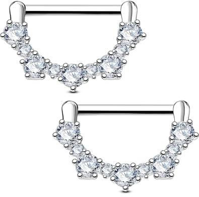 OUFER 2PCS 14G Nipple Rings, 316l Surgical Steel Nipple Piercing Jewelry, Round Clear CZ Nipple Barbells, Clicker Nipple Rings For Women- Silver