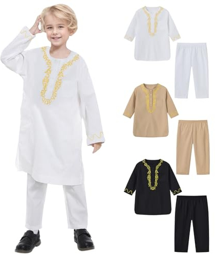 Ensemble de Musulman Moyen-Orient pour Garçon - Enfant Costume Musulman à Manches Longues et Col Rond et Pantalon - Vêtements Traditionnels Ramadan pour Dubaï Tenues Musulmanes