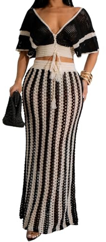 Ensembles de jupes au crochet pour femmes tenues 2 pièces en tricot rayé évider à manches courtes col en v haut à cordon de serrage ensemble de jupes maxi