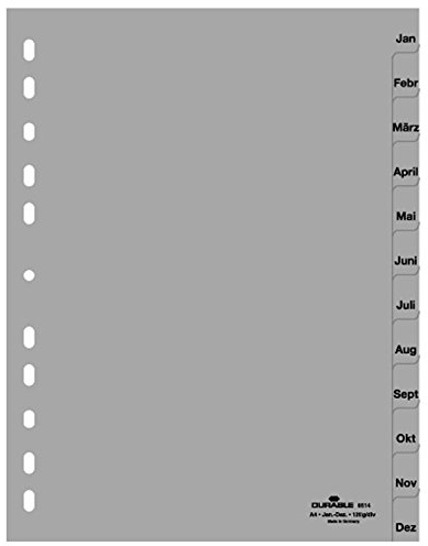 Durable Register für DIN A4, volldeckend (10er Pack - grau, Jan-Dez)