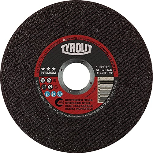 Tyrolit 34332803 Premium Trennscheiben, 41, A60R-BFP, 125 x 1,0 x 22,23 mm, Maße, Box mit 25 Stück