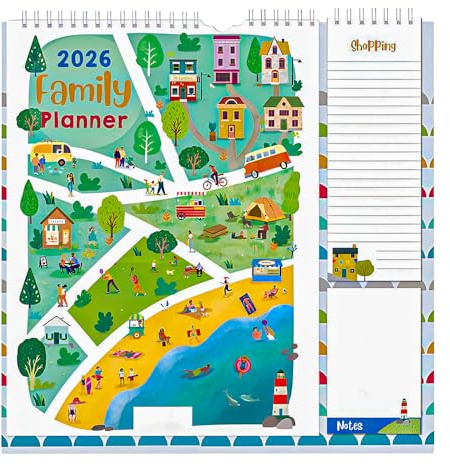 2026 Family Organiser Month to View Calendar Hanging Memo Pad with Shopping List, & Notepad Five Columns for organising Family - Town Sea