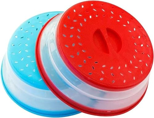 2 paquetes de cubiertas plegables para microondas (rojo + azul) sin BPA, filtro antisalpicaduras para microondas, para frutas y verduras