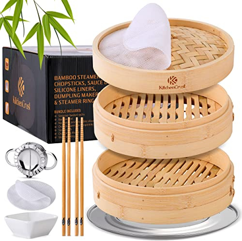 KITCHENCRUST Cesta de vapor de bambú para cocina china asiática, cesta de vapor de 2 niveles de 10 pulgadas, cesta de vapor de verduras, cesta de vapor de bambú para albóndigas, plato de salsa,