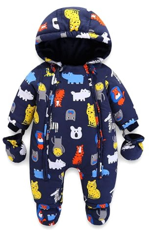 Lobmouse Bébé Combinaison de Neige Hiver Barboteuses avec Capuche Garçons Body Filles Grenouillère Salopette Footies avec Gants Unisexe Épaissir Combishort Manches Longue pour 9-12 Mois