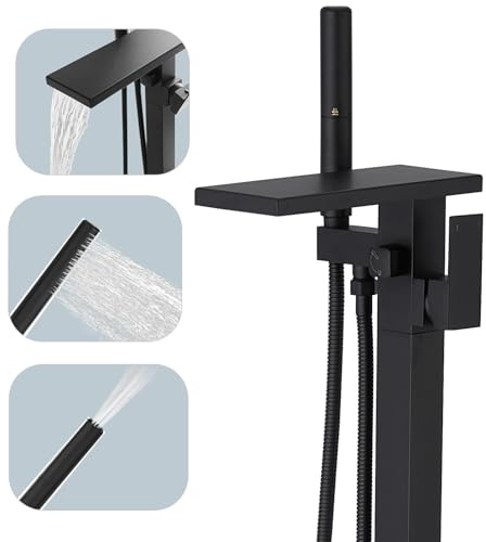 Hoimpro Rubinetto per vasca da bagno autoportante Rubinetto per vasca da bagno nero opaco Rubinetto per vasca da bagno a cascata Riempitrice per vasca da bagno in ottone ad alto flusso Rubinetti per