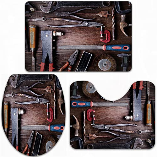 Badteppich-Set 3-teilige, rutschfeste,Industrial Decor Crafting Equipment Veraltet Dusty Mechanic Tools Collection Carpentry,rutschfeste Badematte, U-förmiger Konturteppich und Toilettendeckel