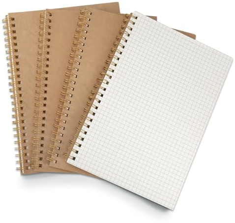 JIANTA Notizblock A5 Kariert Spirale, 4 Stück Karierter Block A5, 50 Blatt Kraft Cover Spirale Notizblock, für Journal, Schreibblock, Notizen, Planung, Malen