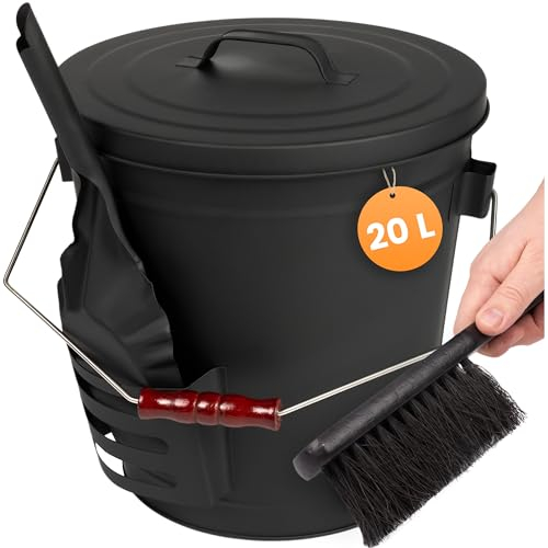 BLACK OAK Stromboli - Secchio per cenere da 20 l, nero con coperchio, pala e scopa, colore: argento, grande, 20 litri, in acciaio zincato a prova di fuoco, verniciato a polvere, cenere e carbone