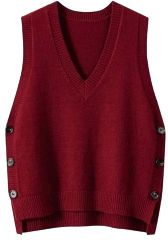 QWUVEDS Gilet/pull tricoté pour femmes, sans manches, style rétro, avec col en V, décontracté, parfait pour le printemps et l'automne, couleur unie, beige