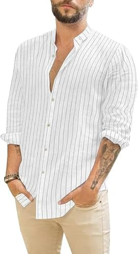 Runcati Camisa de lino para hombre, camisa de verano de manga larga, camisa de rayas para el tiempo libre, camisa de algodón, corte regular, camisa de playa