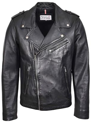 Chaqueta Brando de cuero para hombre, estilo motociclista, con cremallera cruzada, color negro, Negro, XXL