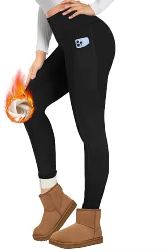TNNZEET Thermo Leggings Damen mit Taschen Gefüttert Thermoleggings High Waist Thermohose Fleece Warm Blickdicht Leggins im Winter (Schwarz,XXL)