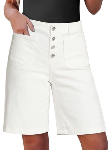 Luvamia High Waisted Cream White Bermuda Shorts for Women - Size X-Large, Fits Size 16-18