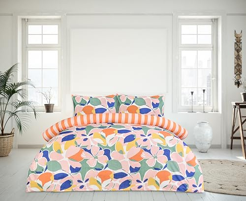 Sleepdown Abstract Floral Reversible Duvet Set – Super Soft, Lightweight, 100% Polyester Microfibre, Popper Fastening 1 Duvet Cover and 2 Pillowcases, 3-Pcs Bedding Set (Double, 200 X 200 cm, Multi)