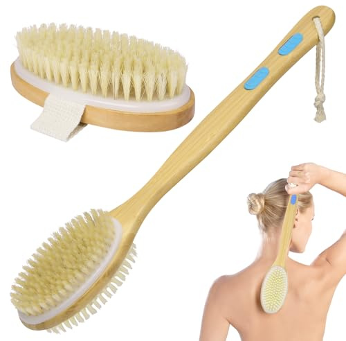 URAQT Cepillo exfoliante para el cuerpo, Cepillo Ducha Espalda de Doble Cara con Mango Largo, Cepillado Seco y Húmedo, para eliminar las toxinas de la piel muerta, 44 cm Longitud, 2 pcs