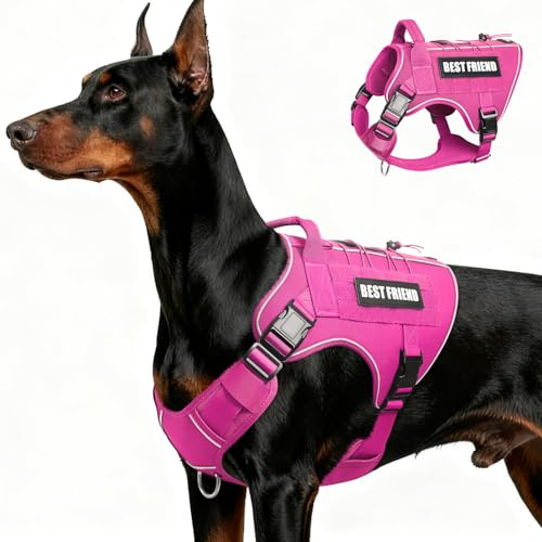 MOOGROU Tactical Dog Harness for Large Dogs,No Pull Military Dog Vest with Handle,Reflective Heavy Duty Pet Harness for Walking Hiking Training Pink L