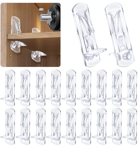 COMNICO 20pcs Plastic Shelf Support Pegs Locking Pins Clear Self-Locking Cabinet Bracket Clips Holders for Kitchen Furniture Book Shelves, 5mm Peg x 3/4 Thick Shelf