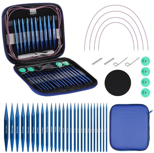 iKALULA Set di 26 ferri da maglia circolari intercambiabili, 3,0-10,0 mm, con custodia, 40 cm/60 cm/80 cm/100 cm, ferri da maglia intercambiabili per sciarpe, maglioni, alluminio, blu