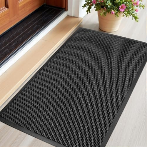 Azadx Indoor Outdoor Door Mat 23x 35 Doormat for Entry Heavy Duty Front Door Mat Stretch Mesh Dirt Trapper Welcome Doormats Non-Slip Backing Entrance Mats for Home Commercial Floor Mats, Black Grey