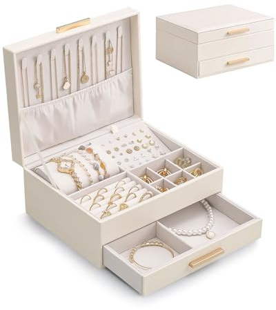 Lolalet 2-Layer Jewelry Box Organizer for Women Girls, Jewelry Storage Case Holder with Drawers for Necklaces Ring Earrings Bracelet Watch, Gifts Choice for Mom Mother’s Day -Beige