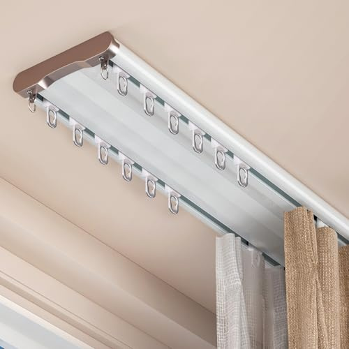 Double Curtain Track Ceiling Mount, Silent Aluminum Track Curtain Rail, Heavy-Duty Double Row Ceiling Curtain Tracks Rod Sliding Rails for Curtains, Room Divider for Living Room Bedroom (6ft)
