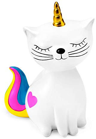 Mousehouse - salvadanaio a forma di gatto unicorno - per bambino/bambina - coda multicolore e decorazione a cuore rosa - 11 x 9 x 17 cm