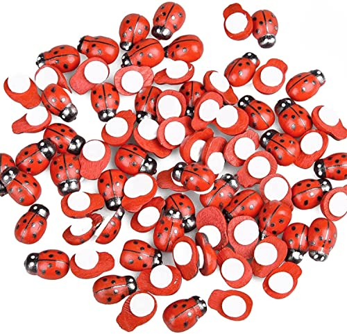 Linvshi Shop Holz Marienkäfer, 100 Mini Holz Selbstklebend Marienkäfer für DIY Handwerk, Scrapbooking & Bastelarbeiten