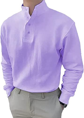 Gentleman's Simple Basic Stand-Up Collar Long-Sleeved Polo Shirt,Men's Summer Plain Casual Cotton Polo Shirt. (XL, Purple)