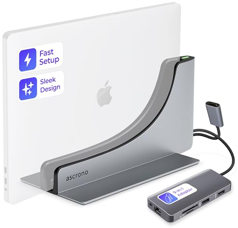 Ascrono Vertikale Docking Station Hub Bundle | Kompatibel mit Apple MacBook Pro 14 (2021-23, inkl. M3 Base/Pro/Max), Magsafe-kompatibel | Inklusive Adapter für Dual 4K Resolution HDMI Monitore