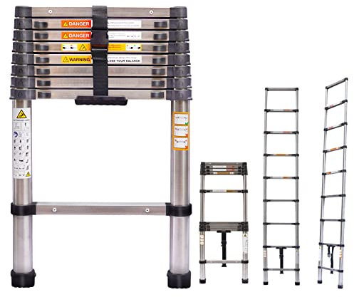 Escalera plegable de acero inoxidable – 2,6 m, telescópica, multifuncional, plegable, escalera de escalada para el hogar, escaleras, limpieza de ventanas, jardín, trabajo