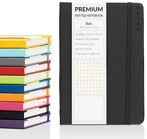 evelay Bullet Journal A5 prickig anteckningsbok med inbunden konstläder och premium 120 gsm tjockt prick rutnät papper (128 gräddfärgade sidor, svart)
