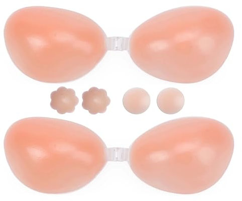 Boolavard Super Sticky Push Up Bras, 2 Pack Invisible Silicone Bra for Women Wedding Dresses Reusable with 4Pcs Nipple Covers (UK, Cup & Band, C)
