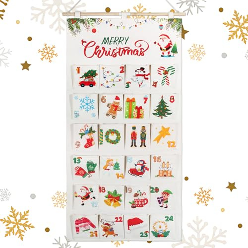 Calendrier de l'avent Noël Blanc Calendrier Mural Merry Christmas avec Poches de 24 Jours Calendrier à Suspendre Décoration Pour Compte à Rebours de Noël