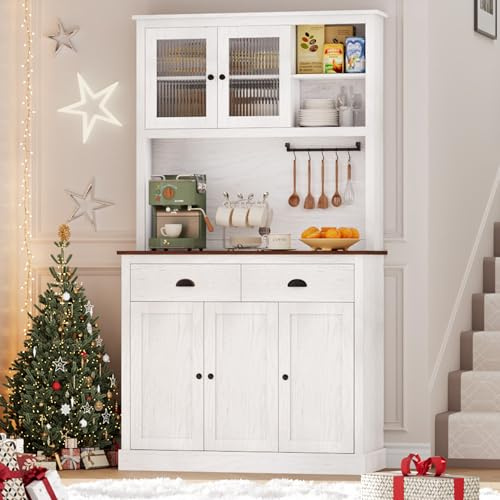IDEALHOUSE Pantry with Drawers and Adjustable Shelves, 71”Tall Freestanding Kitchen Pantry Cabinet with Microwave Stand, Hutch Cabinet for Kitchen, Dining Room, White