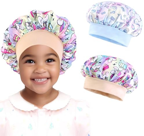 AOOTUERL Casquette de Couchage pour en Satin, 2 pièces Casquette de Couchage réglable Enfants en Satin, avec avec Large Bande élastique, pour Le Soin des Cheveux(Couleur Arc en Ciel,Bleu Ciel)