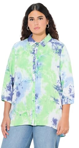 Ulla Popken Femme Grandes Tailles Chemisier en Lin mélangé à imprimé Batik, col de Chemise et Manches 3/4 Menthe Verte 46+ 826661437-46+
