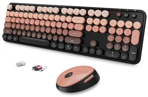 SkyGive Wireless Keyboard and Mouse Combo, Ergonomic Full Size Typewriter Retro Round Keycaps Keyboard, Compatible with Windows, PC, Perfer for Home and Office Keyboards (Aurora Red)