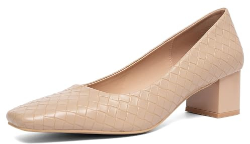 NEWBELLA Women’s Patent Square Toe Pumps - Low Chunky Block Heel Dress Shoes for Office, Party & Daily Wear, Apricot 8.5