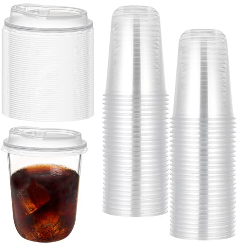 YEXEXINM 50 bicchieri riutilizzabili in plastica trasparente da 473,6 ml, resistenti tazze da asporto con coperchi senza cannuccia, fondo rotondo, per frullati, frappè, tè freddo, caffè, per feste