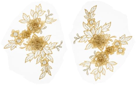QUARKZMAN 2 Stück Blumen Spitze Applikationen 3D Stickerei Spitze Patch Nähen Zusatz Verzierungen Für Hochzeit Brautkleider Kleidung DIY Bastelzubehör Spitze Dekoration Gold (20cm)
