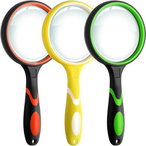 Lot de 3 loupes de lecture antidérapantes 10x pour enfants et personnes âgées, loupe de 75 mm pour la lecture et l'exploration de la nature