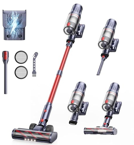 INTETURE Akku Staubsauger Kabellos 600W 50KPa, Akkustaubsauger mit 65 Min Laufzeit, Selbststehender Stabstaubsauger mit Wandhalterung & Ladefunktion, Touchscreen, Für Teppich, Hartboden & Tierhaare