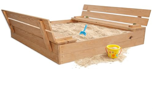 MG Design Sabbiera in legno 120 x 120 cm – con panchine pieghevoli e coperchio, sabbiera da giardino per bambini, sandbox legno esterno
